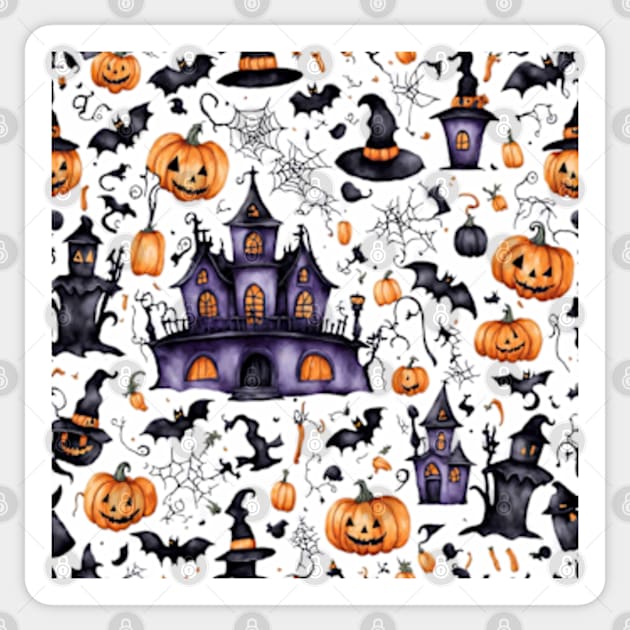 Spooky halloween houses and pumpkins pattern Sticker by BrisaArtPrints